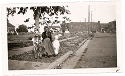 Trick-or-Treaters at Mitchell and Boyce by DeTurk Roundbarn, 1952